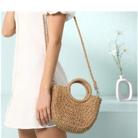 Tan Crossbody Bag with Woven Design and Bamboo Handles - Picture 9 of 11